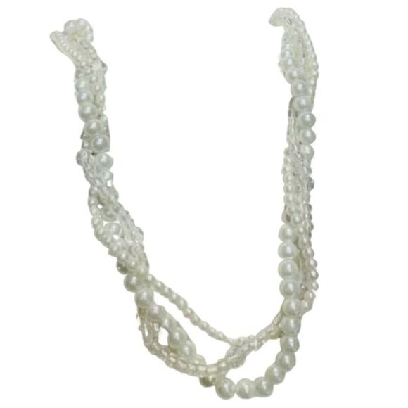 Vintage Twisted Braided Graduated White Faux Pearl Layered Beaded Necklace 17” - Picture 6 of 7